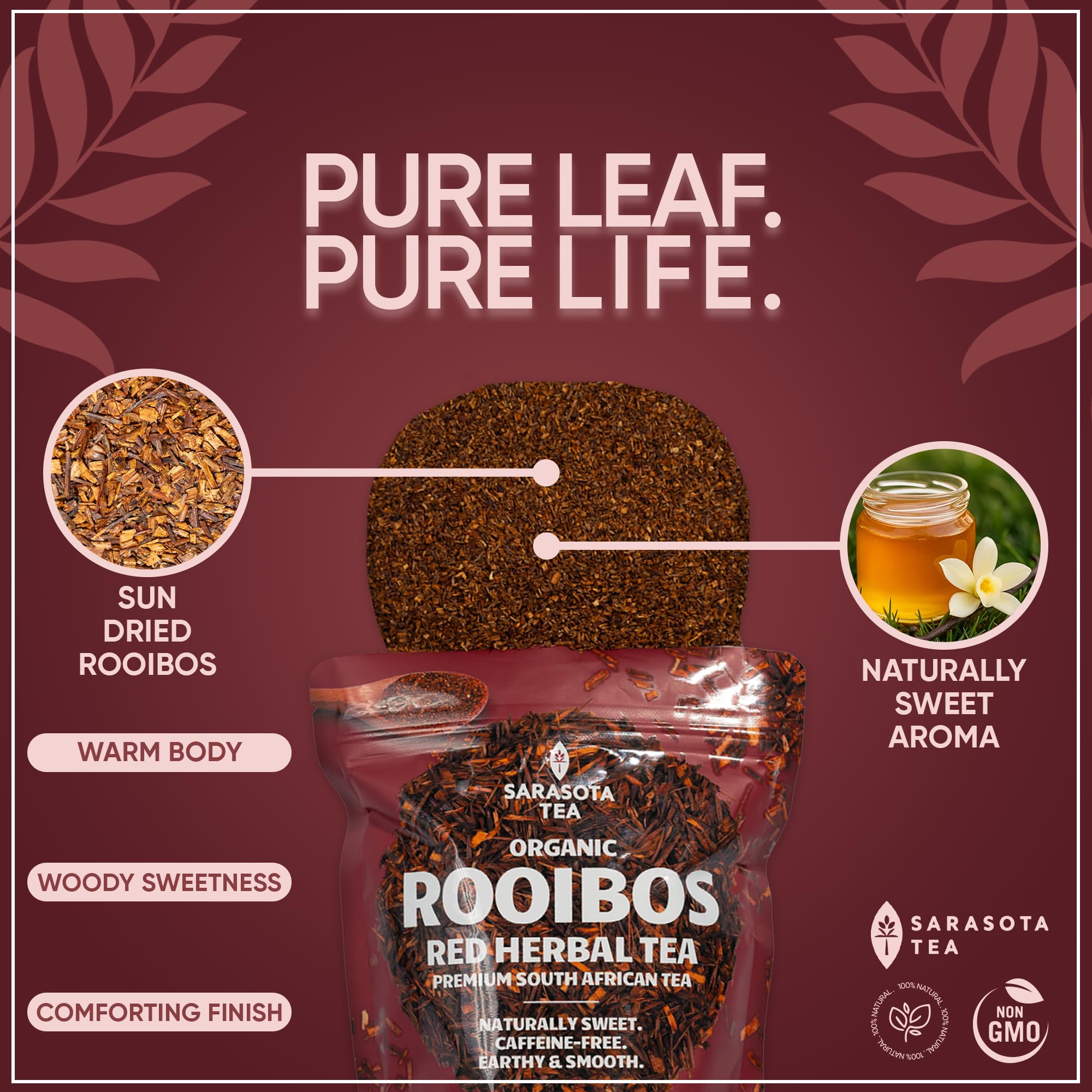 Sarasota Rooibos packaging on a shelf