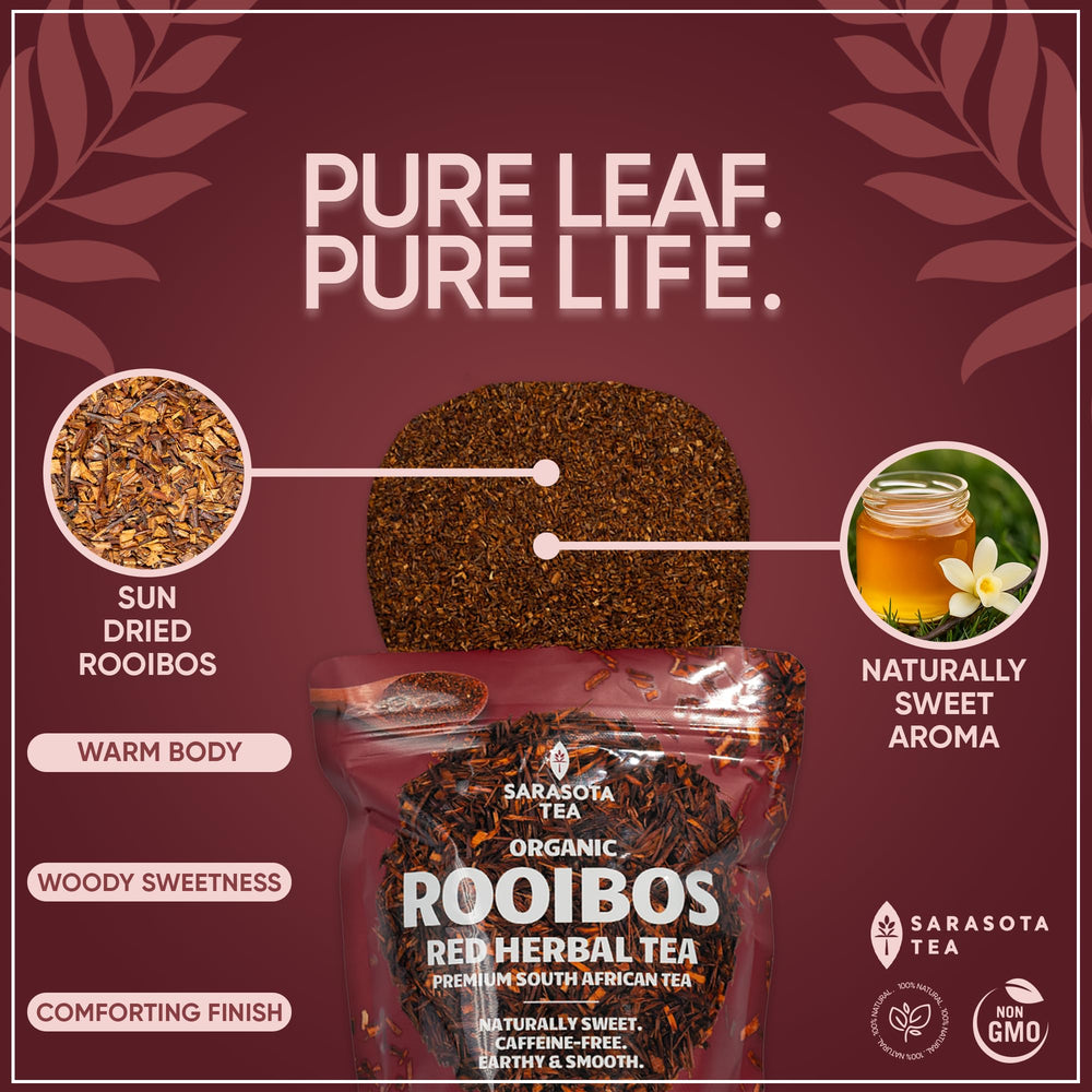 Sarasota Rooibos packaging on a shelf