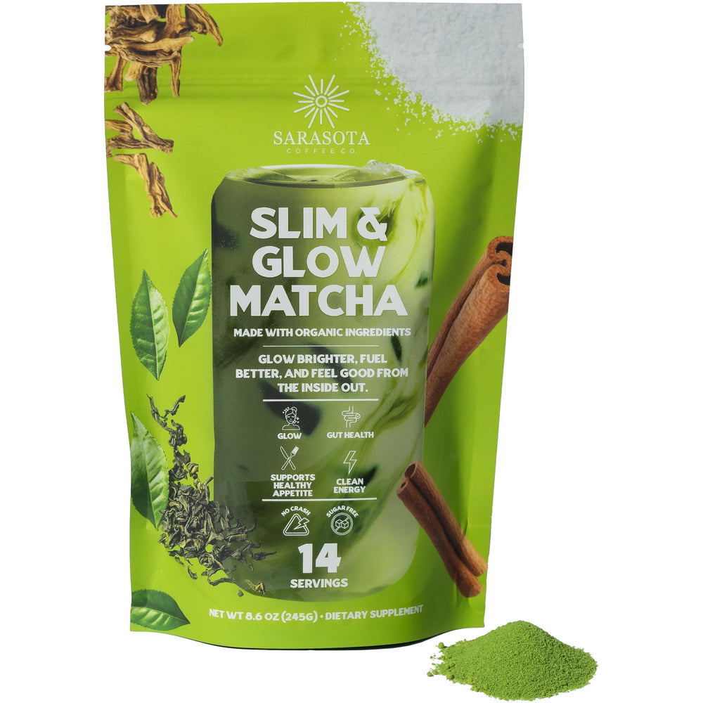 Sarasota Slim & Glow bottle shows collagen-rich matcha latte for radiant skin