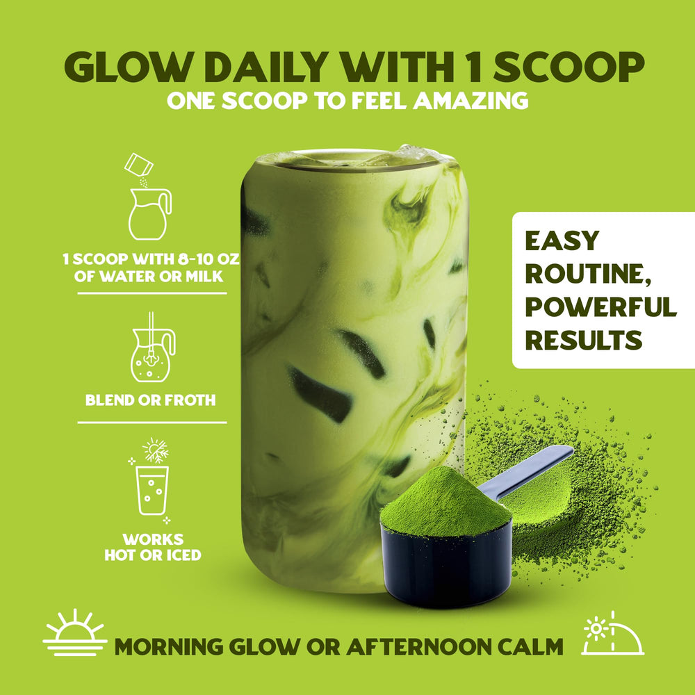 Sarasota Slim & Glow scoop beside jar highlights convenient, protein-powered latte preparation