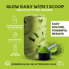 Sarasota Slim & Glow scoop beside jar highlights convenient, protein-powered latte preparation