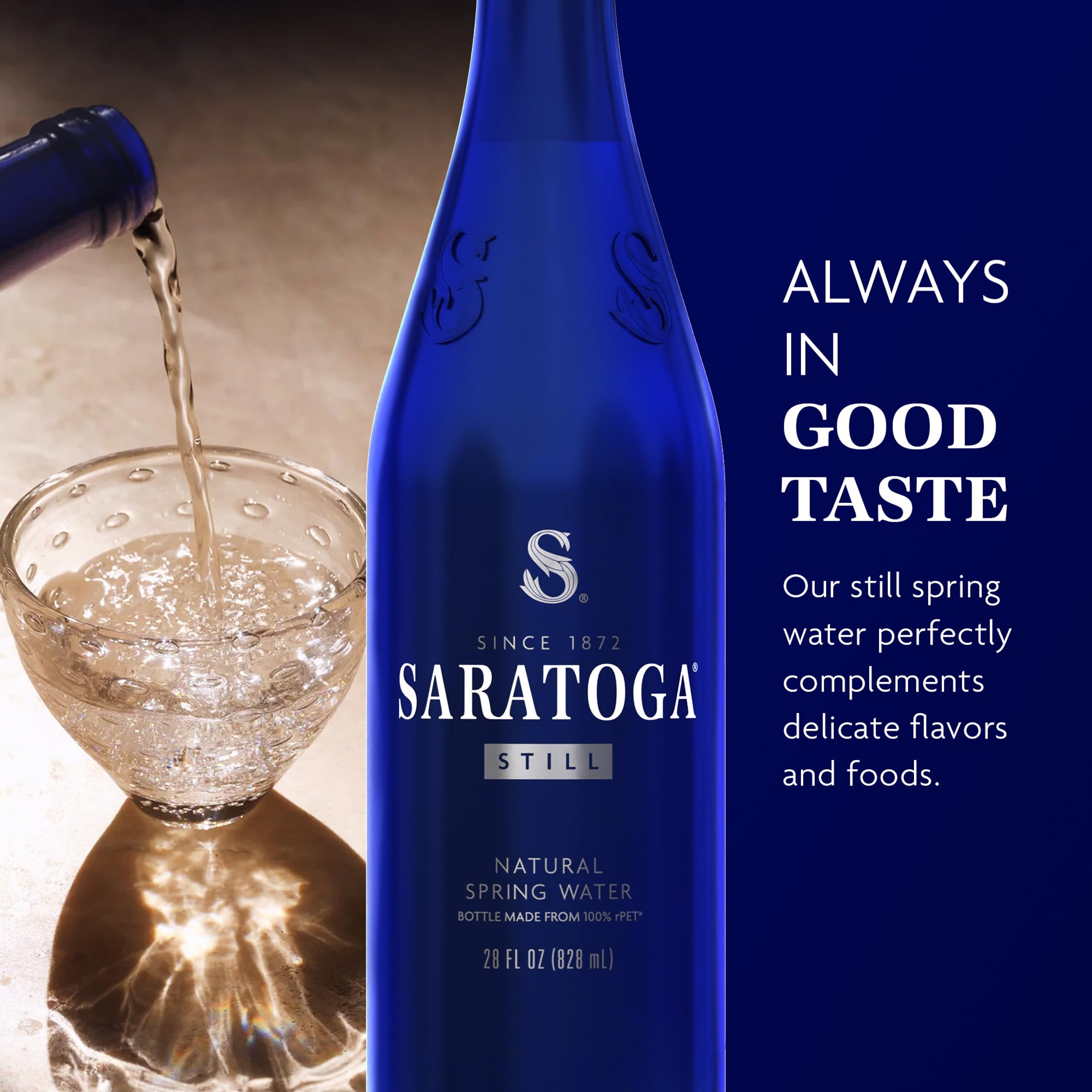Saratoga signature cobalt blue bottles showcasing premium still water for travel.