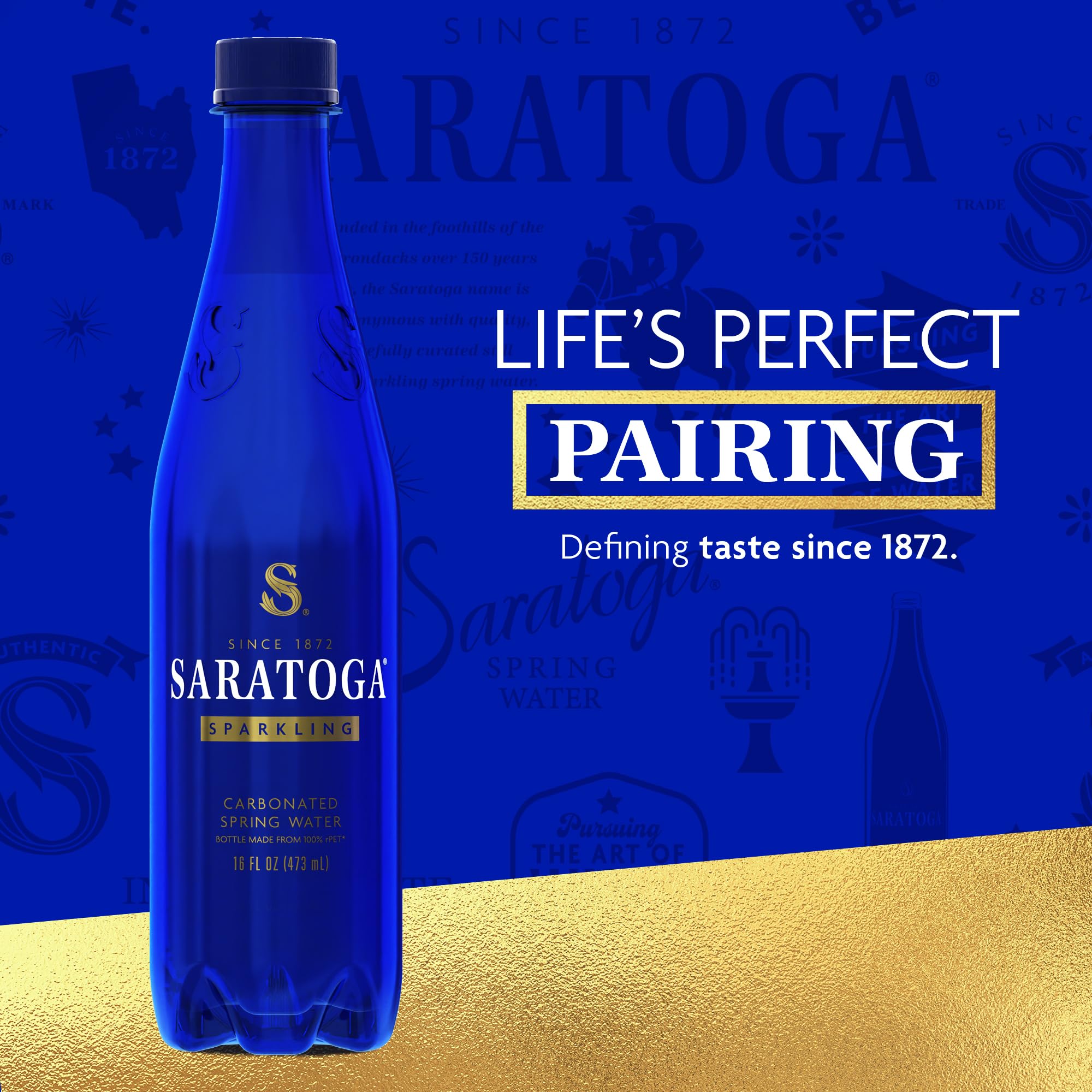 Saratoga 16 oz blue bottle with crisp bubbles.