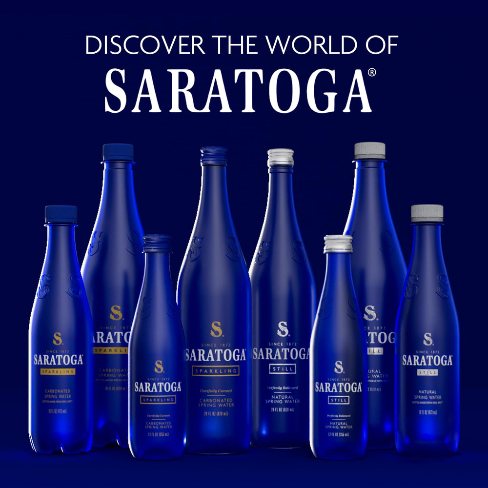 Signature blue-top Saratoga bottle on a serving tray.