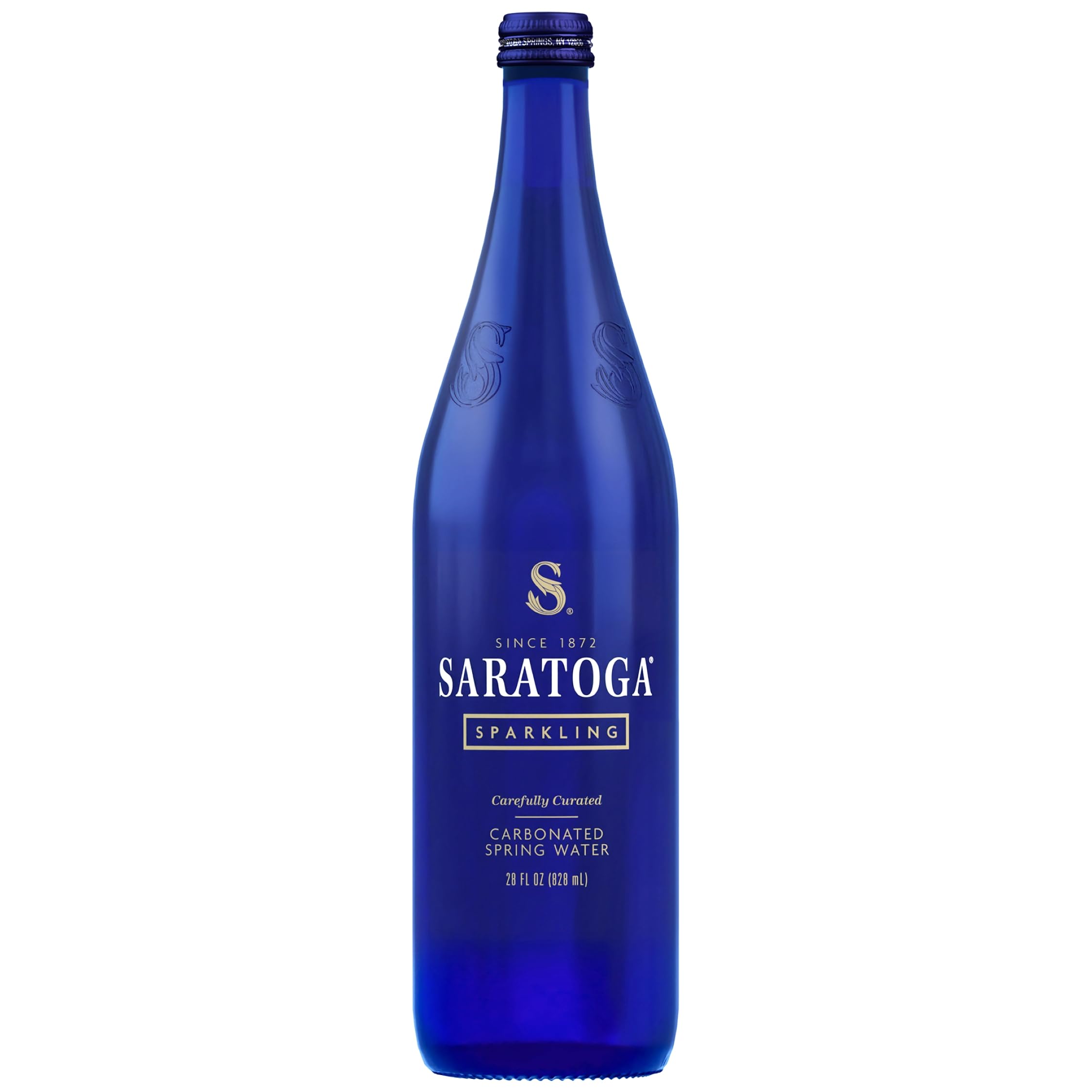 Saratoga Sparkling Water 28oz blue bottle on a table, ideal for sharing.