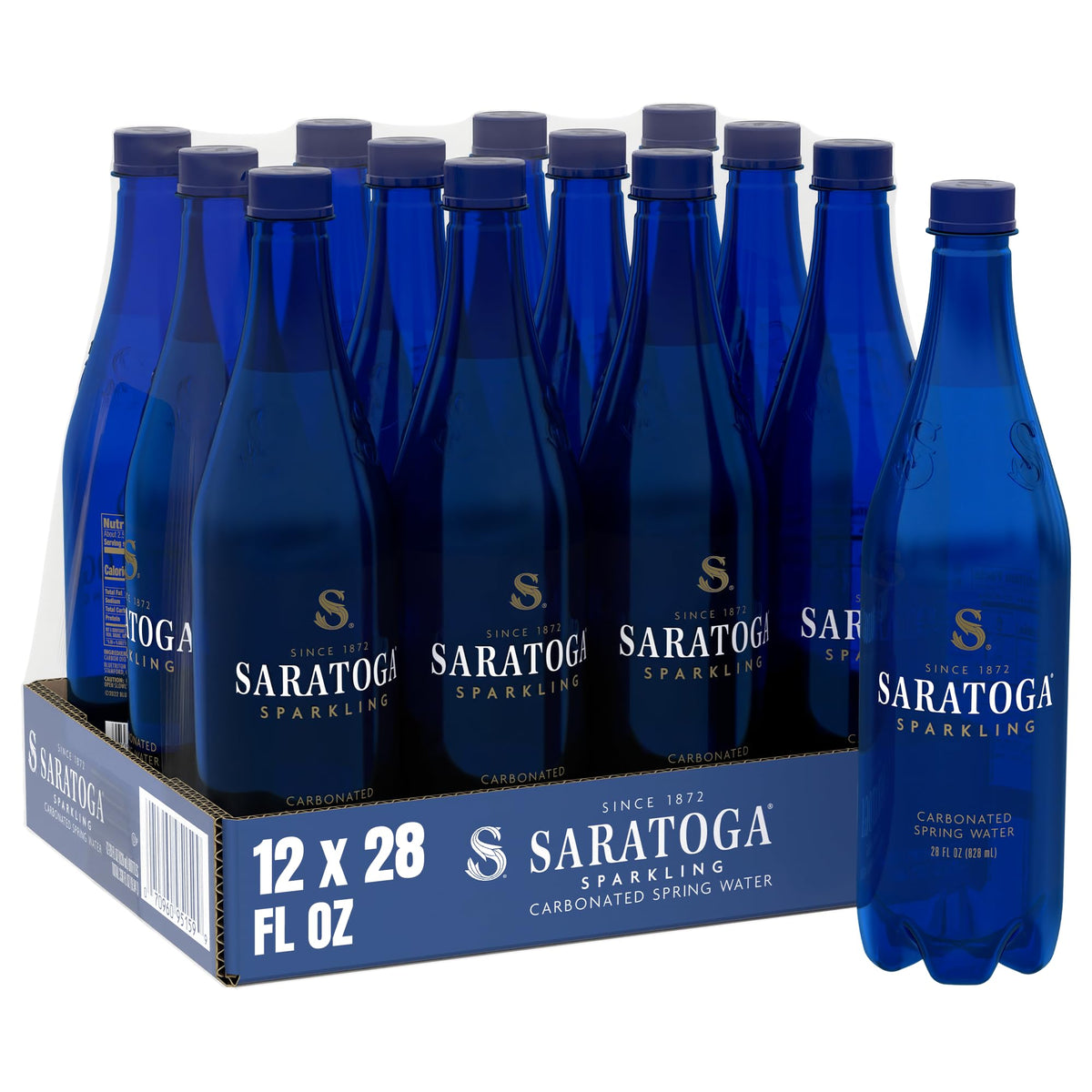 Saratoga Sparkling Water bottle in cobalt blue, 28 oz perfect for travel.