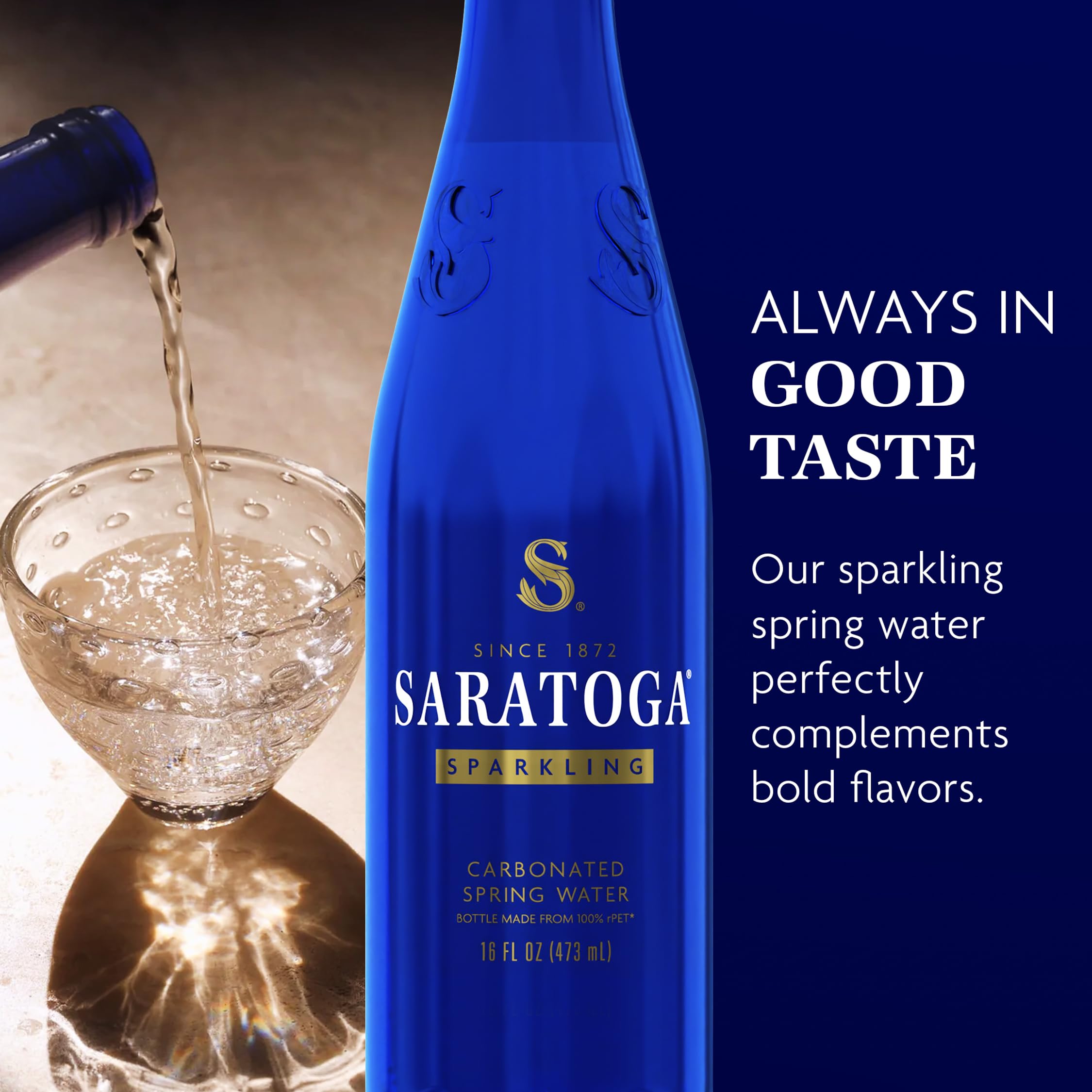 Saratoga Sparkling Water cobalt blue bottle close-up showcasing design.