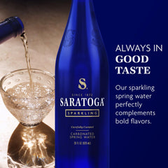 Close-up of bubbles in Saratoga Sparkling Water for a refreshing sip.