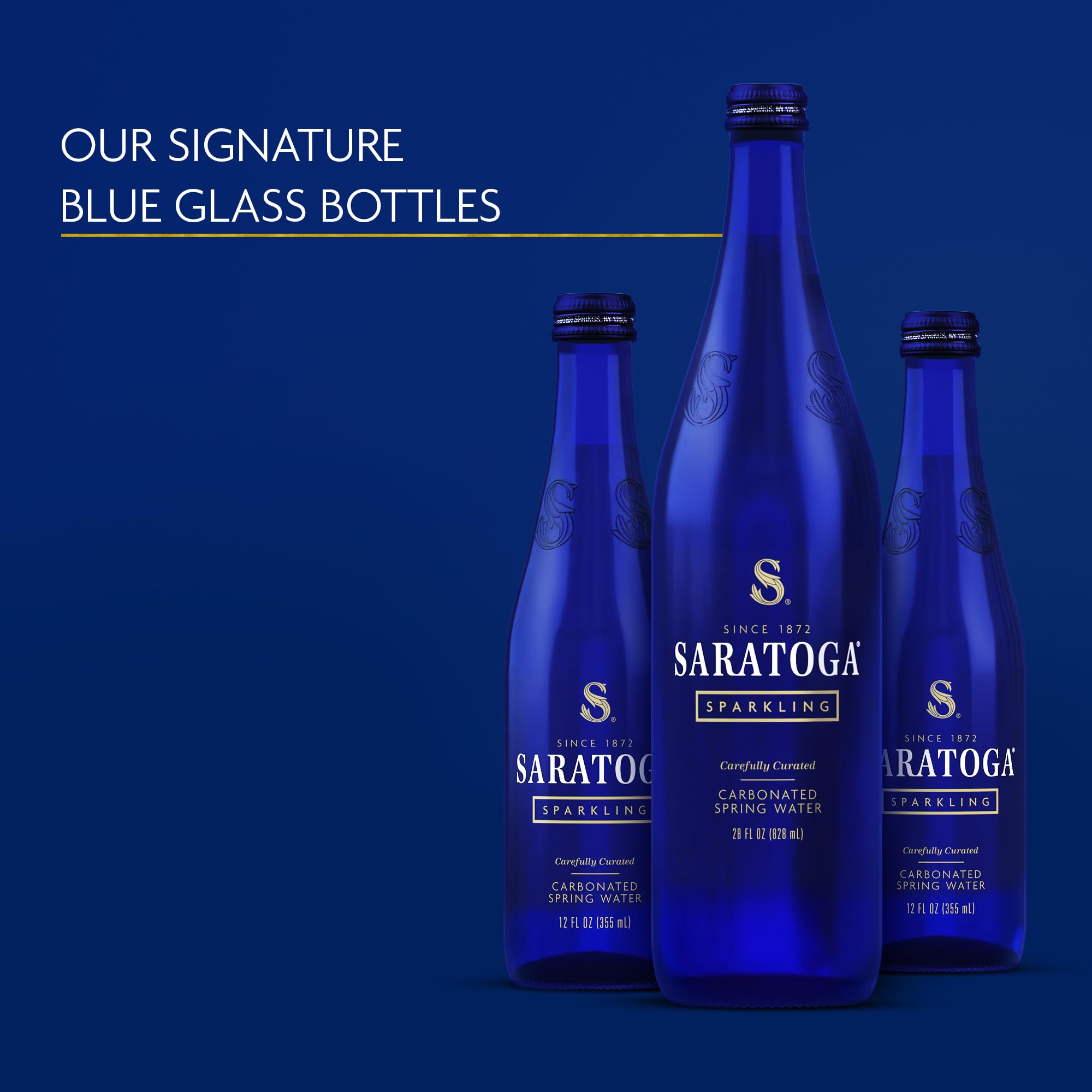 Full Saratoga Sparkling Water bottle ready to pour at the table.