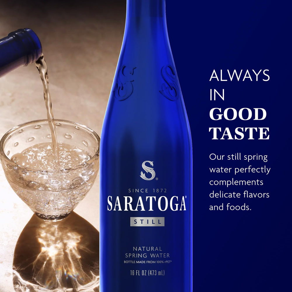 Close-up of Saratoga Still Water six-pack cobalt blue bottles.