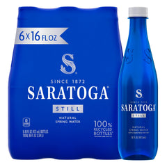 Saratoga Still Water 16 oz cobalt-blue bottle for on-the-go hydration.