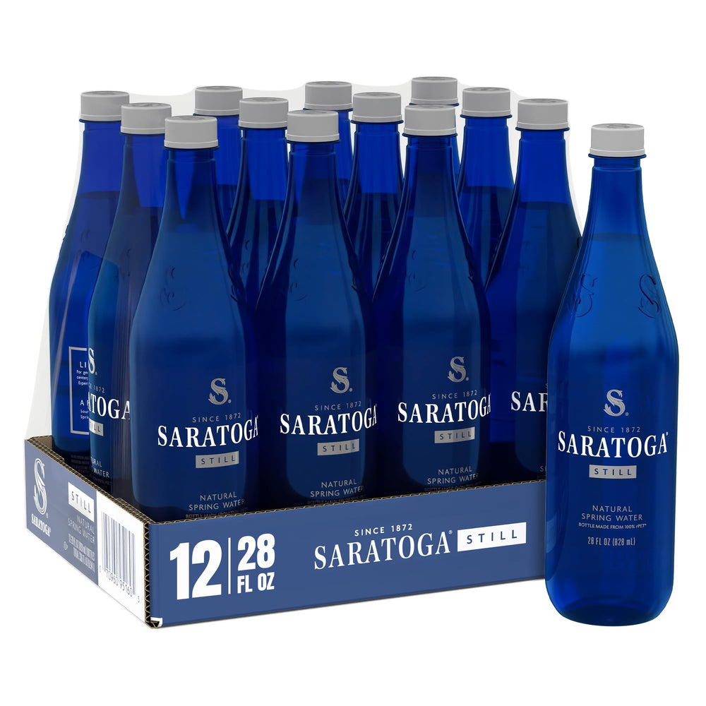 Saratoga still water bottles in a 12-pack for on-the-go hydration.