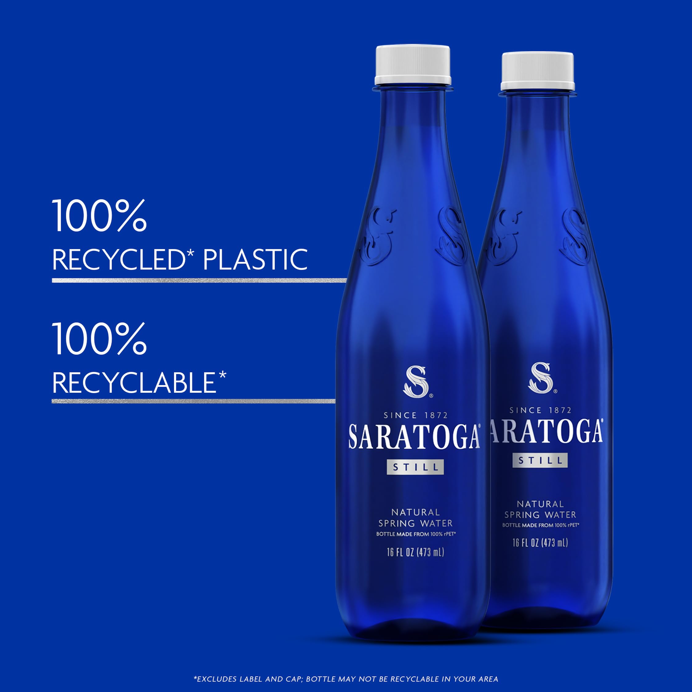 Saratoga Still Water cobalt-blue bottle highlights premium still water.