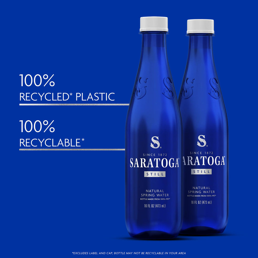 Saratoga Still Water cobalt-blue bottle highlights premium still water.