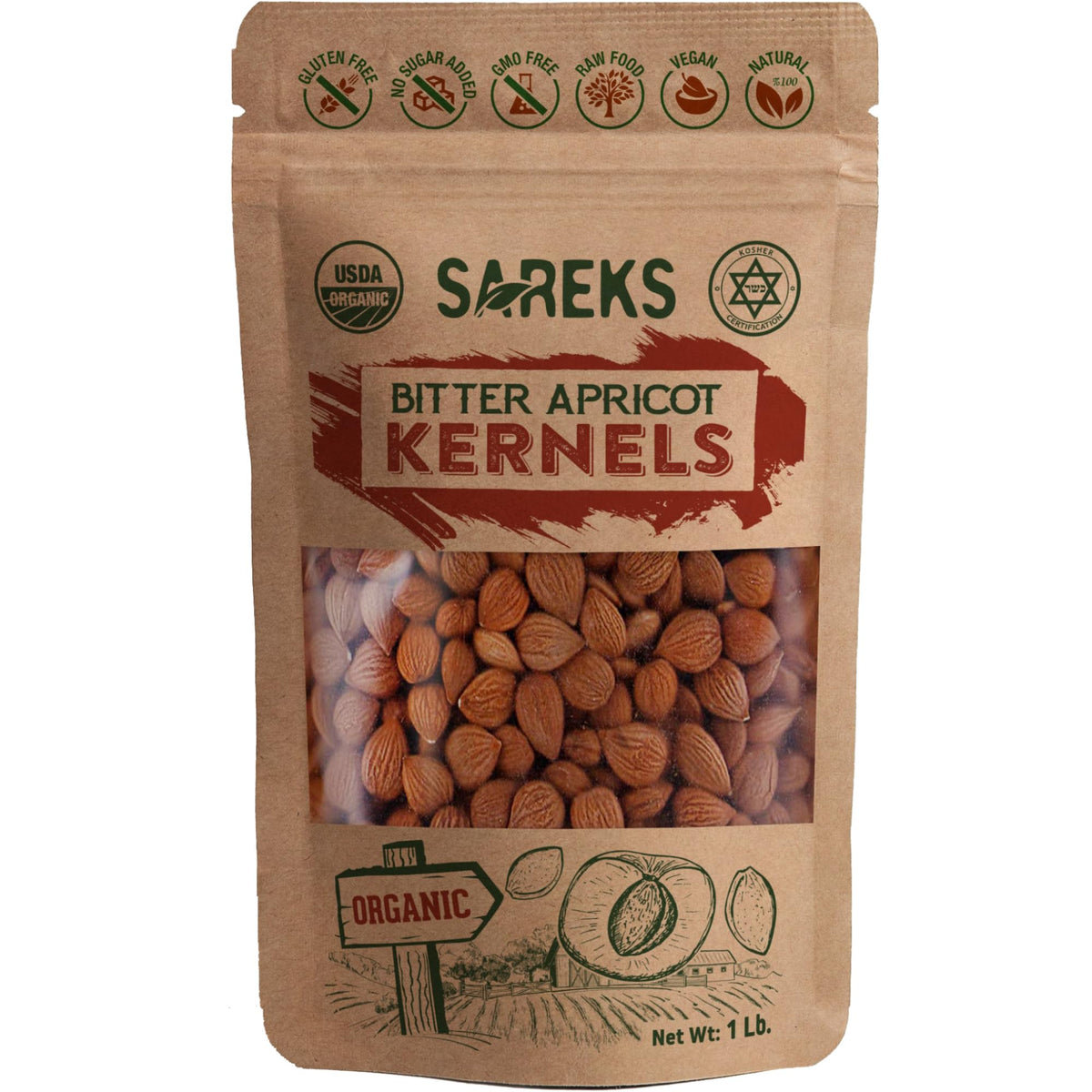 SAREKS bitter apricot kernels sealed bag close-up for raw snacking.