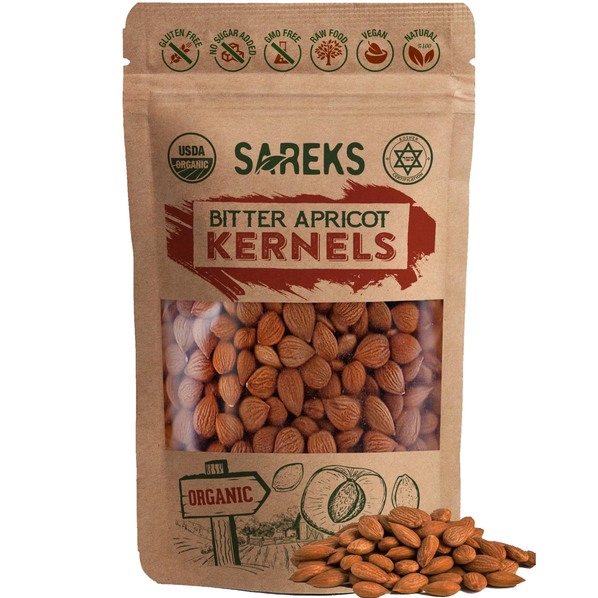 SAREKS bitter apricot kernels closeup; natural texture for raw snacking.