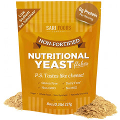 Sari Foods packaging of non fortified nutritional yeast flakes showcases a clean vegan cheese substitute for recipes