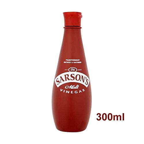 Sarsons Malt Vinegar label close-up, showcases rich malt flavor.
