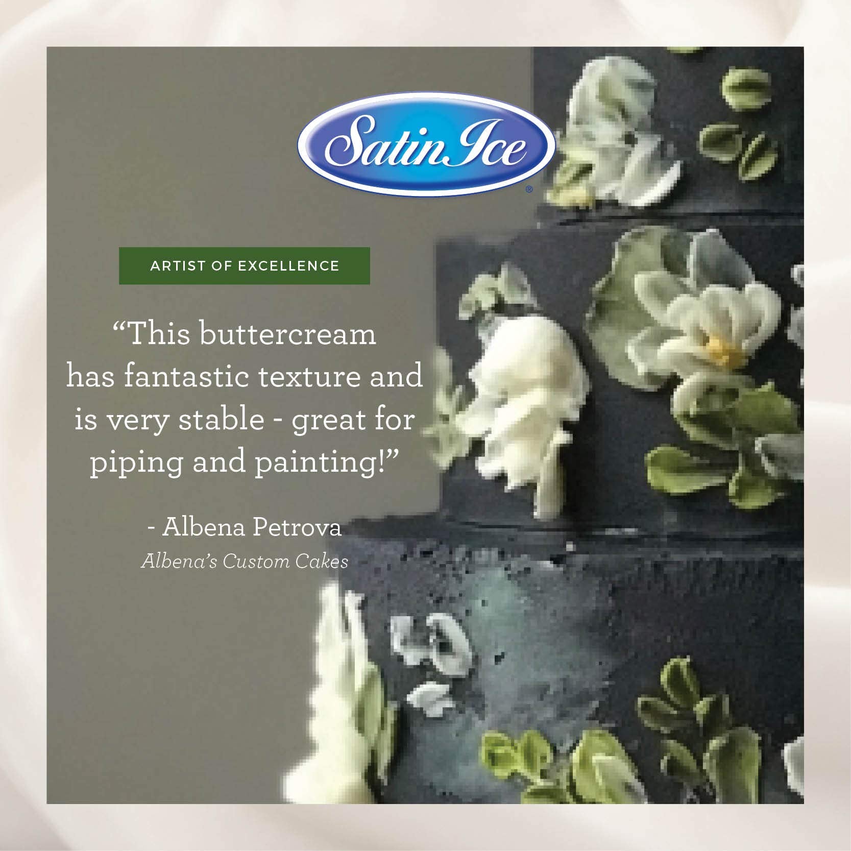 Satin Ice Bright White Buttercream Icing Mix finish on cake shows true white color.