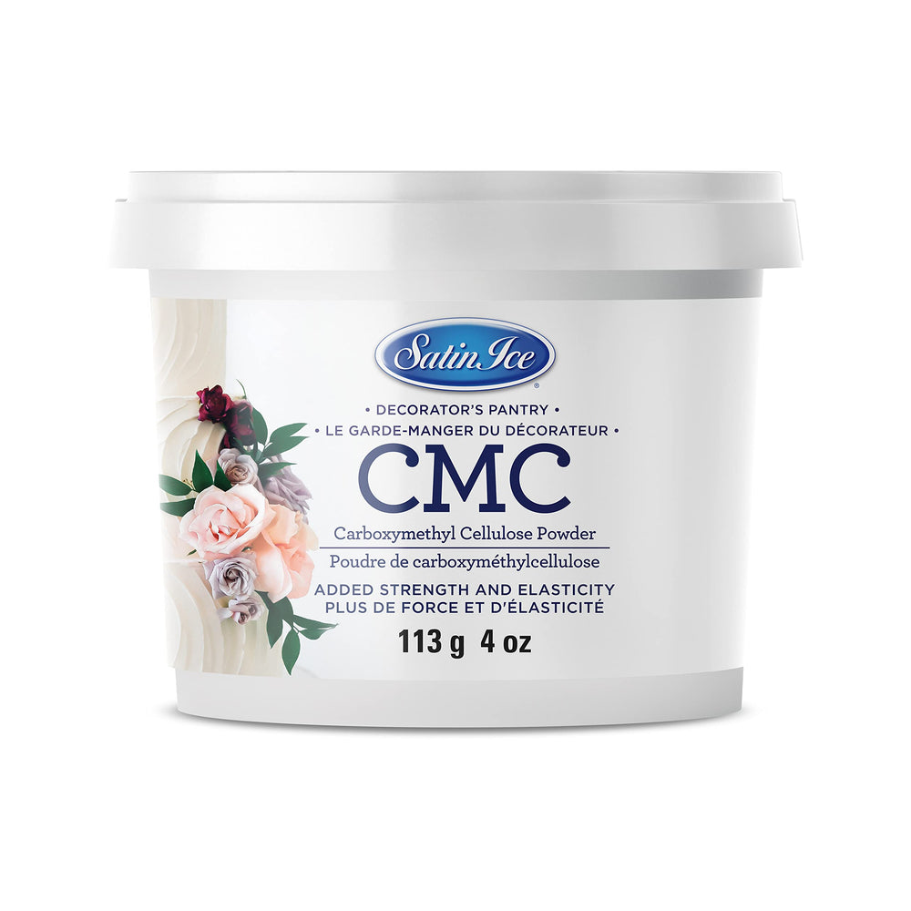 Satin Ice CMC Powder 4oz pail label shows elasticity for fondant.
