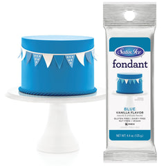 Satin Ice fondant blue packaging highlights premium, dairy-free formula for cake decorating.