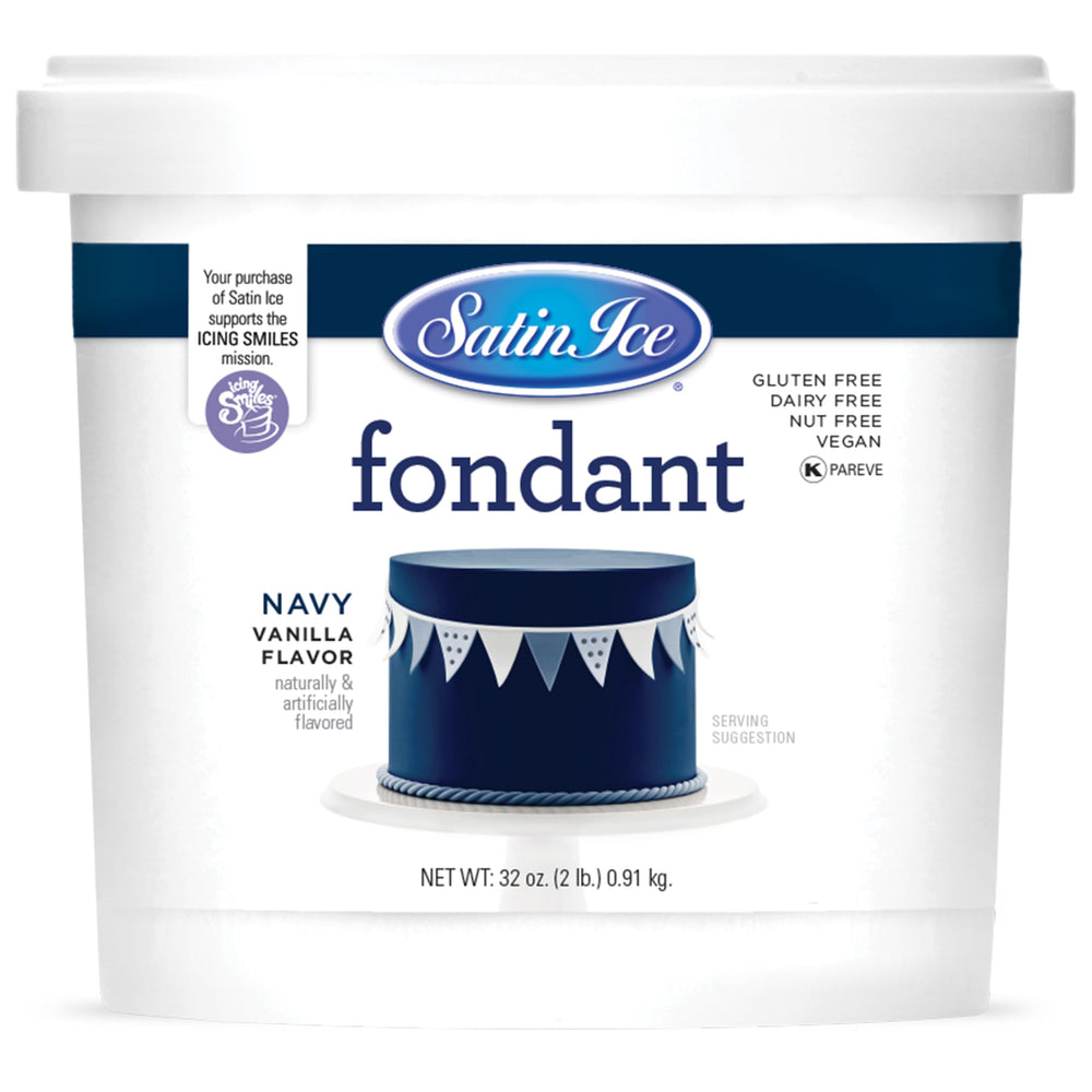 Satin Ice Navy fondant 2lb packaging highlighting premium flavor and easy handling for bakers.