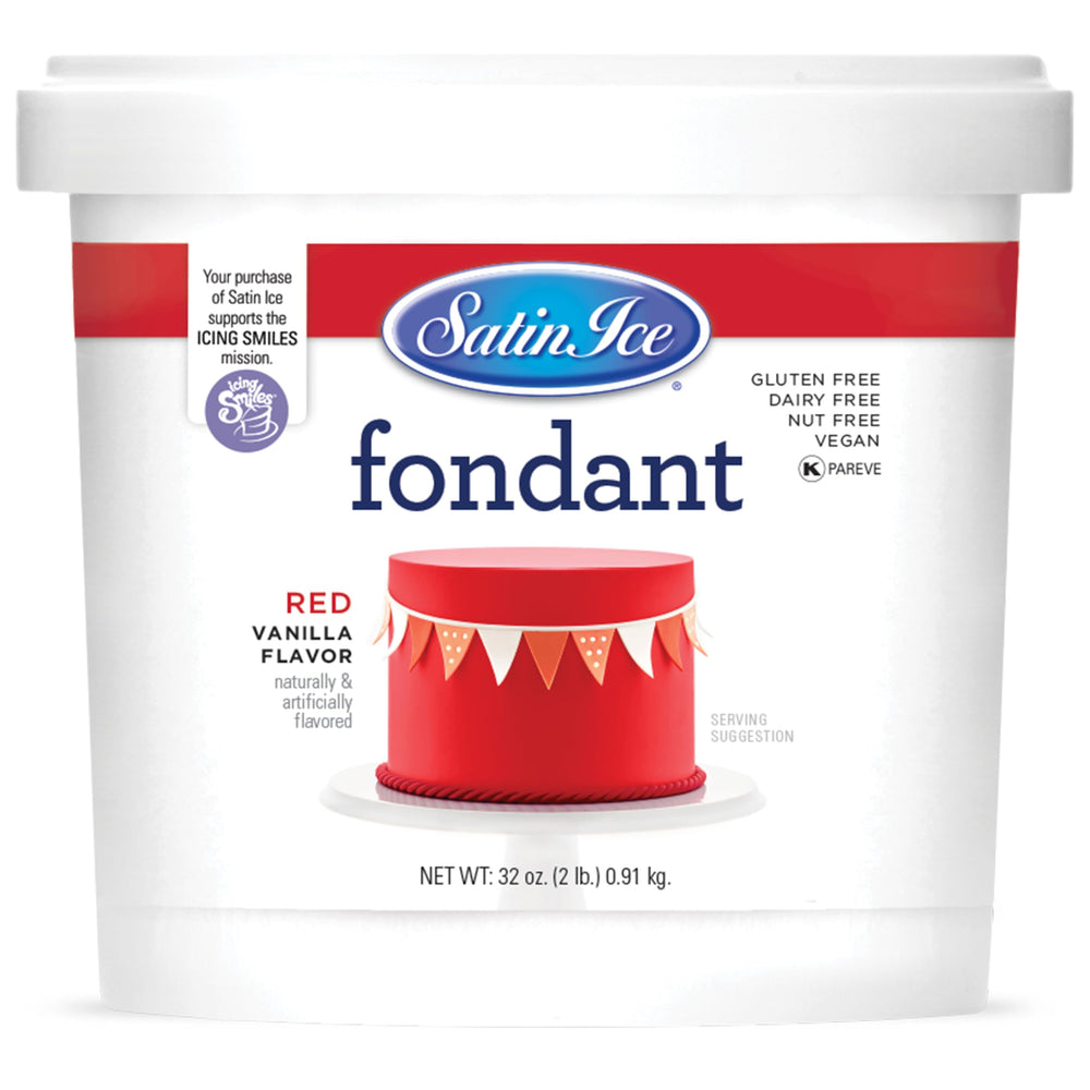Satin Ice Fondant Red 2 lb packaging for easy storage and cake prep.