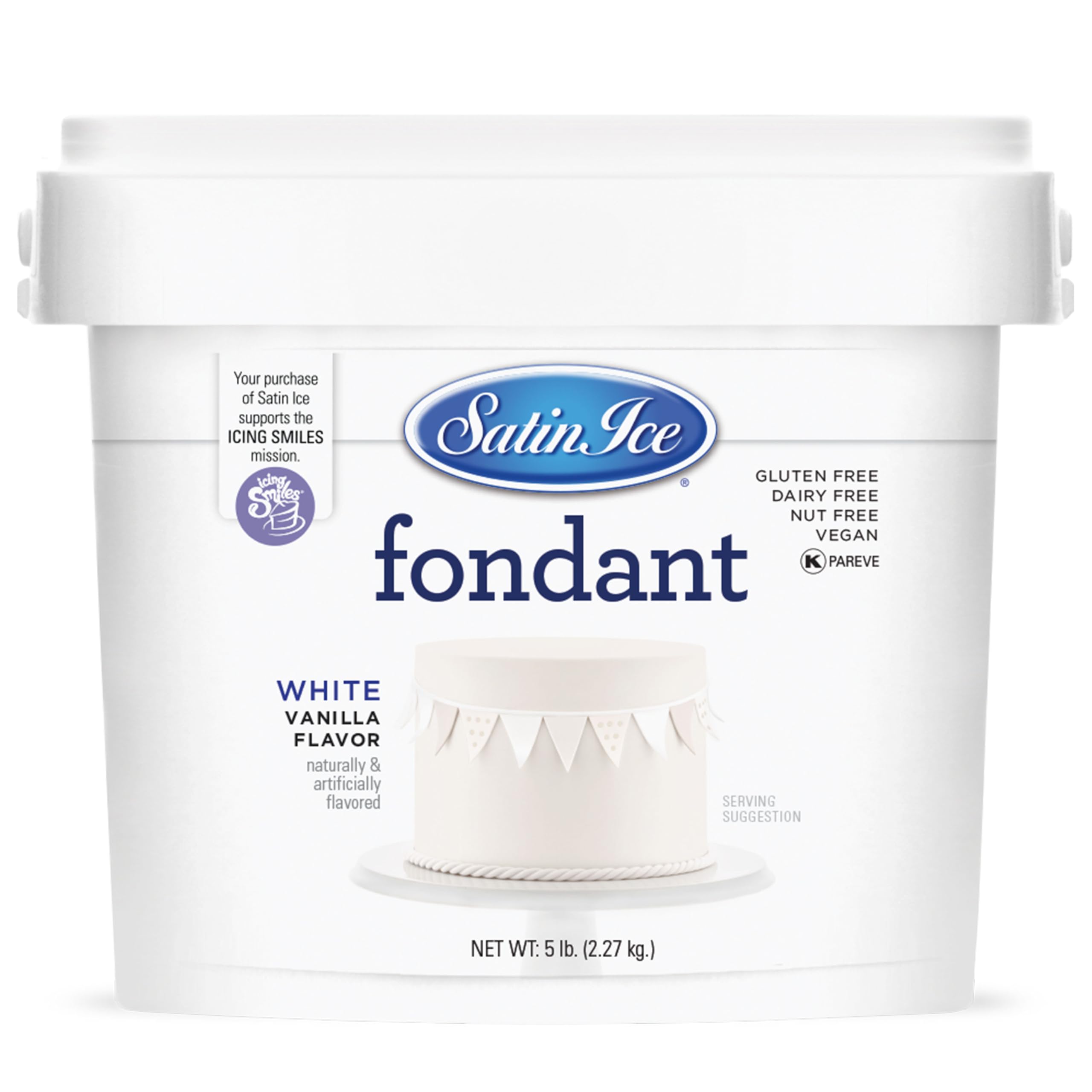 Satin Ice fondant white vanilla 5 lb pail for smooth cake coverage.