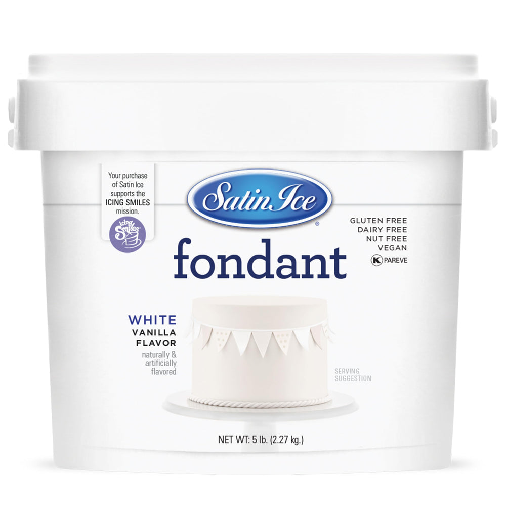 Satin Ice fondant white vanilla 5 lb pail for smooth cake coverage.