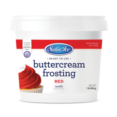 Satin Ice red buttercream frosting in a 1lb pail with rich color and smooth texture