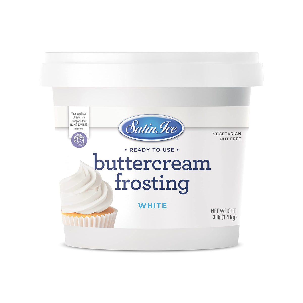 Satin Ice white buttercream frosting spreads evenly for quick cake coverage.