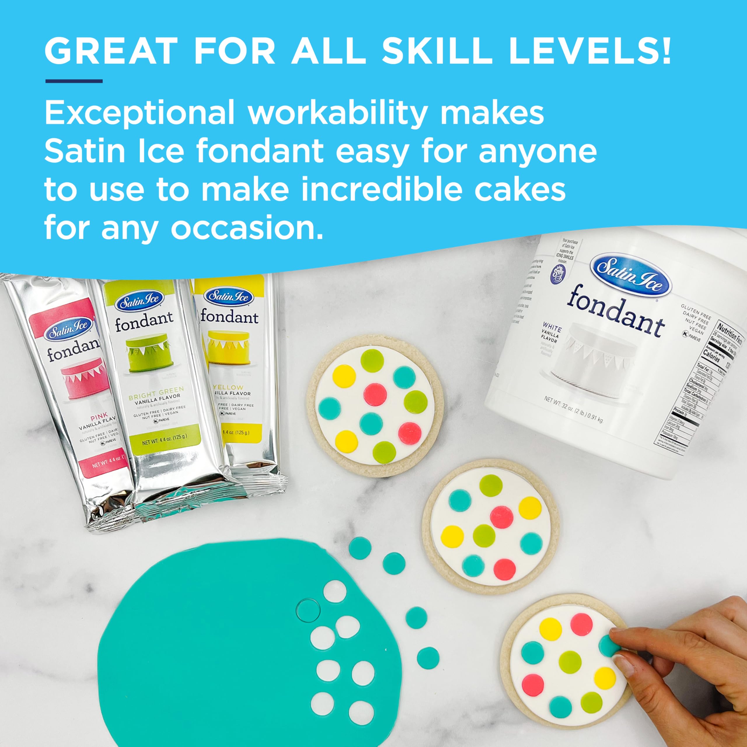 Satin Ice fondant white allergen-friendly recipe supports inclusive baking.