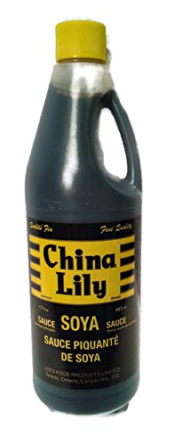 Sattie China Lily Soya Sauce bottle provides rich color for marinades.