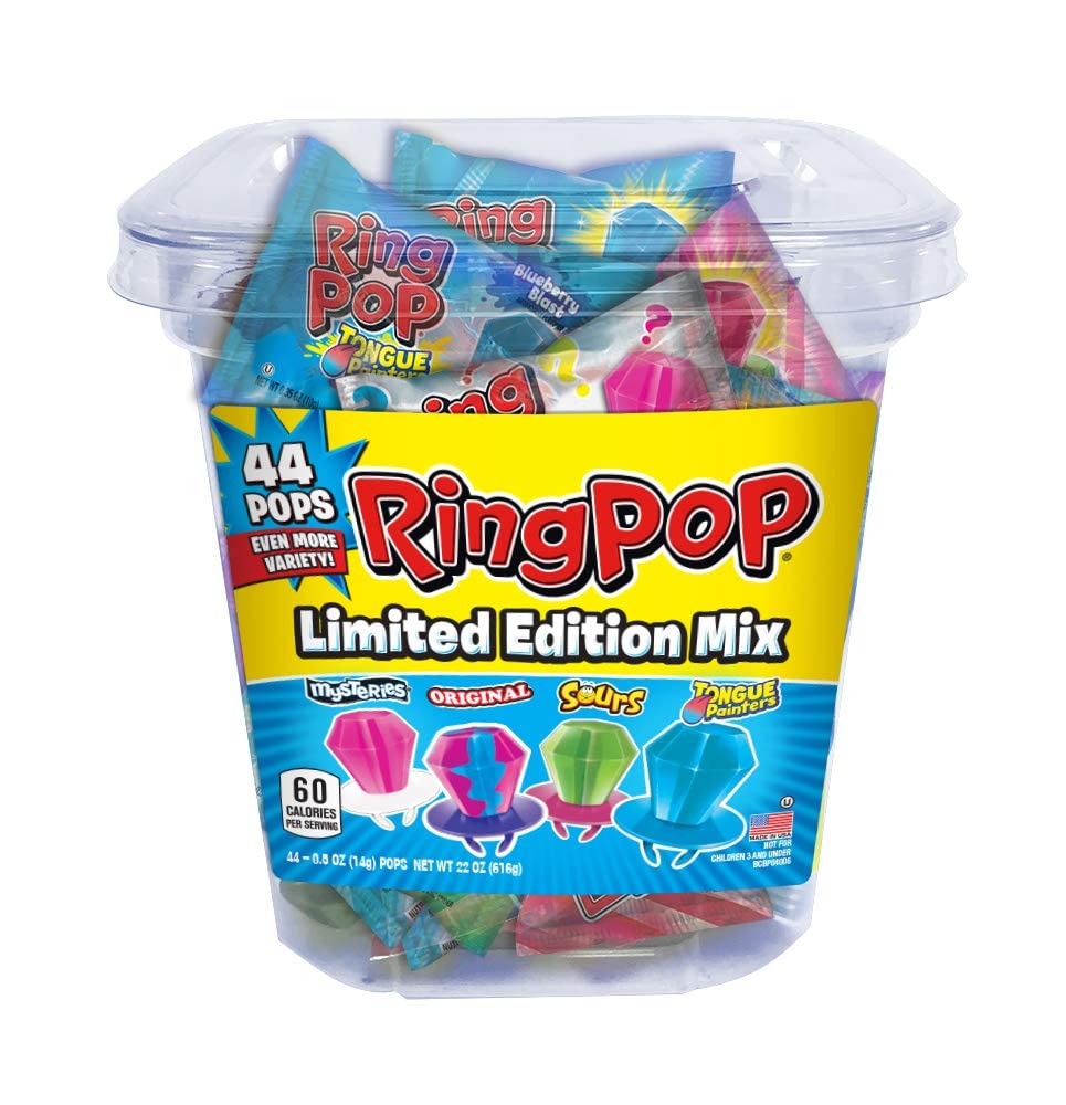 Sattie Ring Pop wearable candy gem display, 44-count jar ideal for gatherings.