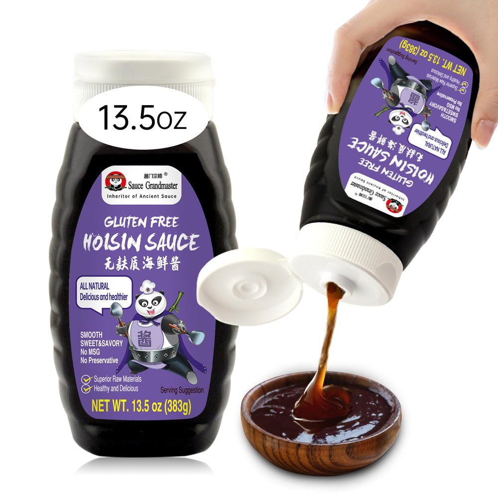 Sauce Grandmaster bottle front label highlights gluten-free, all-natural hoisin.