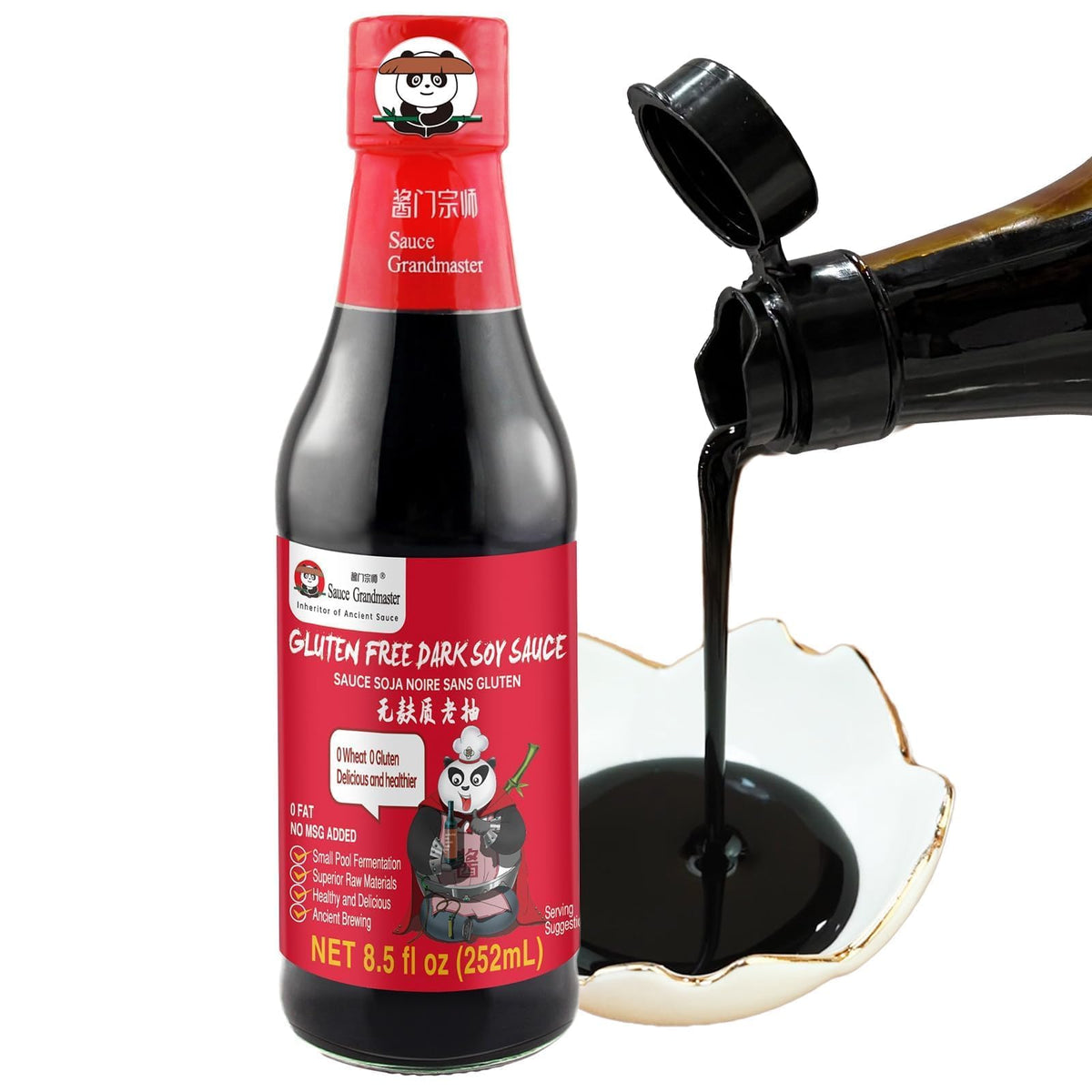 Sauce Grandmaster dark soy bottle pouring for rich glaze and color.