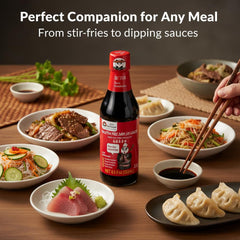 Stir-fry plated with Sauce Grandmaster for a vibrant, savory finish.