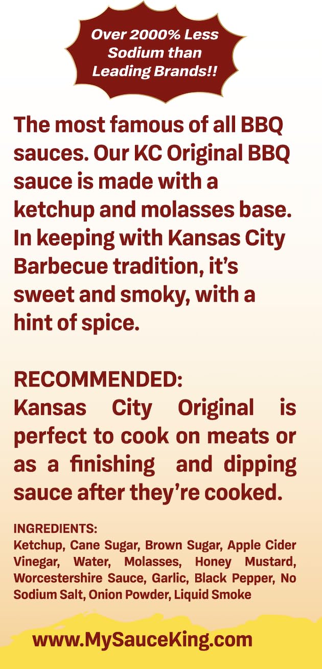 Sauce King Kansas City Low Sodium Barbecue Sauce label shows salt-free option and flavor profile.