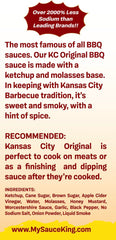 Sauce King Kansas City Low Sodium Barbecue Sauce label shows salt-free option and flavor profile.