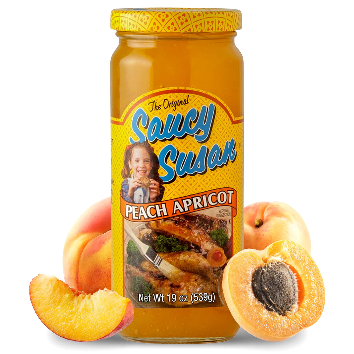Saucy Susan Peach Apricot Original Sauce jar ready for glazing and dipping.
