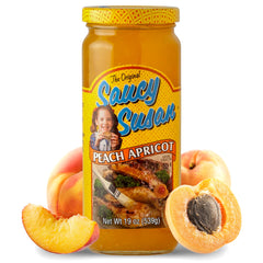 Saucy Susan Peach Apricot Original Sauce jar ready for glazing and dipping.