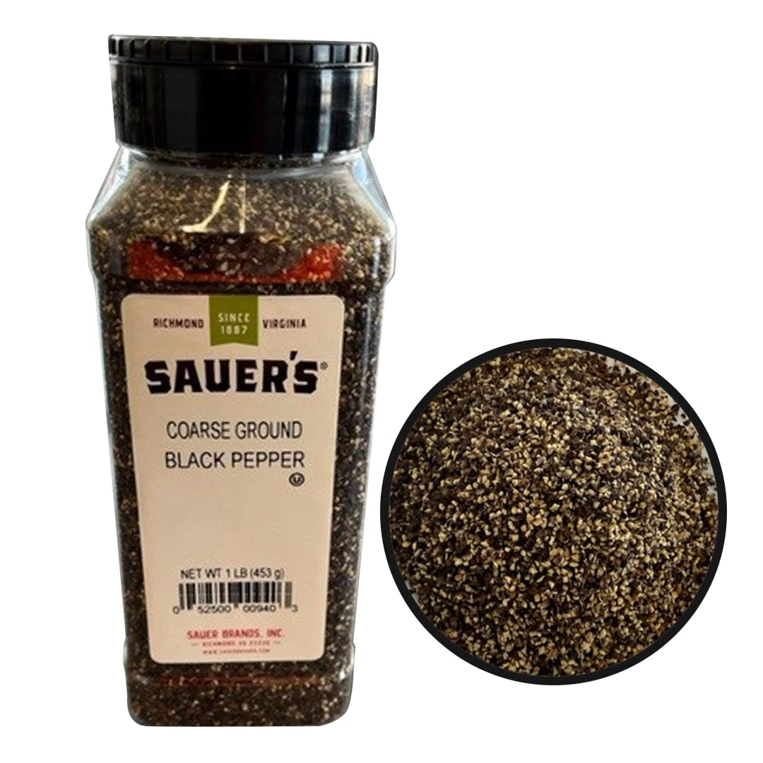Sauer's coarse ground pepper 1 lb canister front view, ideal for consistent seasoning.