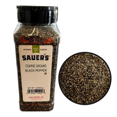 Sauer's coarse ground pepper 1 lb canister front view, ideal for consistent seasoning.