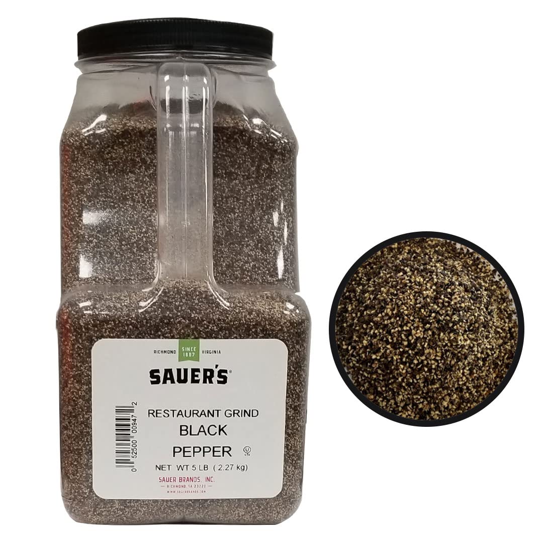 Sauer's ground black pepper 5lb canister for restaurant kitchens.