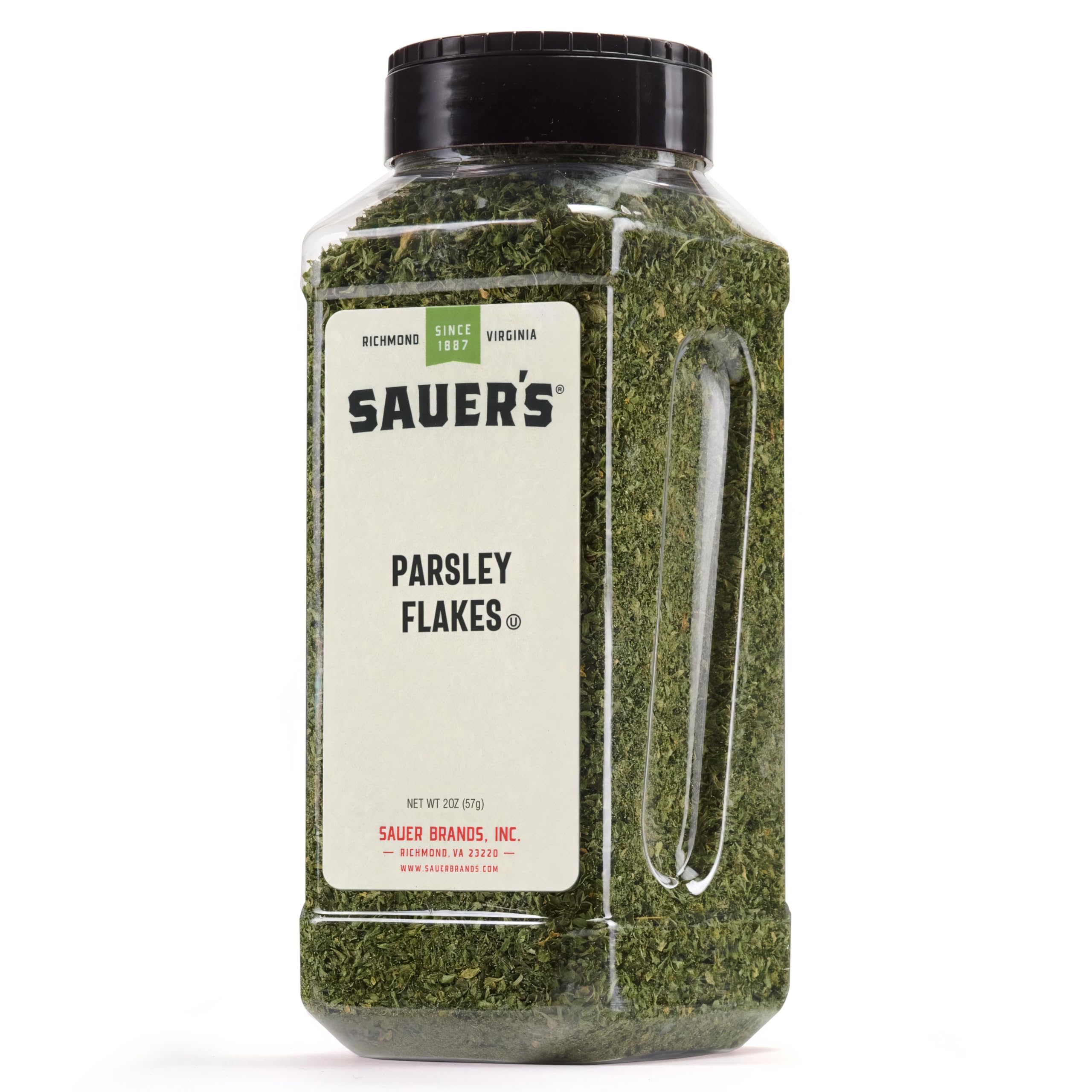 Sauer's Parsley Flakes 2oz bottle adds fresh color and mild flavor to dishes.