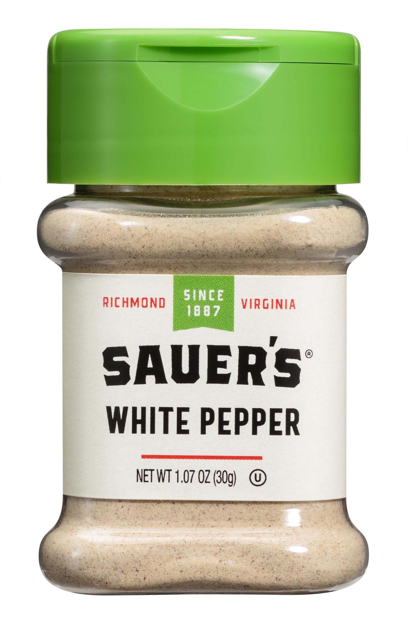 Sauer's Ground White Pepper jar is versatile for light-colored dishes and delicate seasoning.