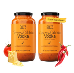 Sauz Creamy Calabrian Vodka Sauce jar on kitchen counter, gluten-free option ready for weeknight pasta.