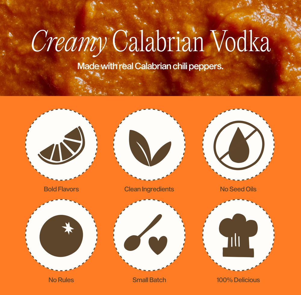 Close-up of tomatoes and herbs used in Sauz Creamy Calabrian Vodka Sauce.