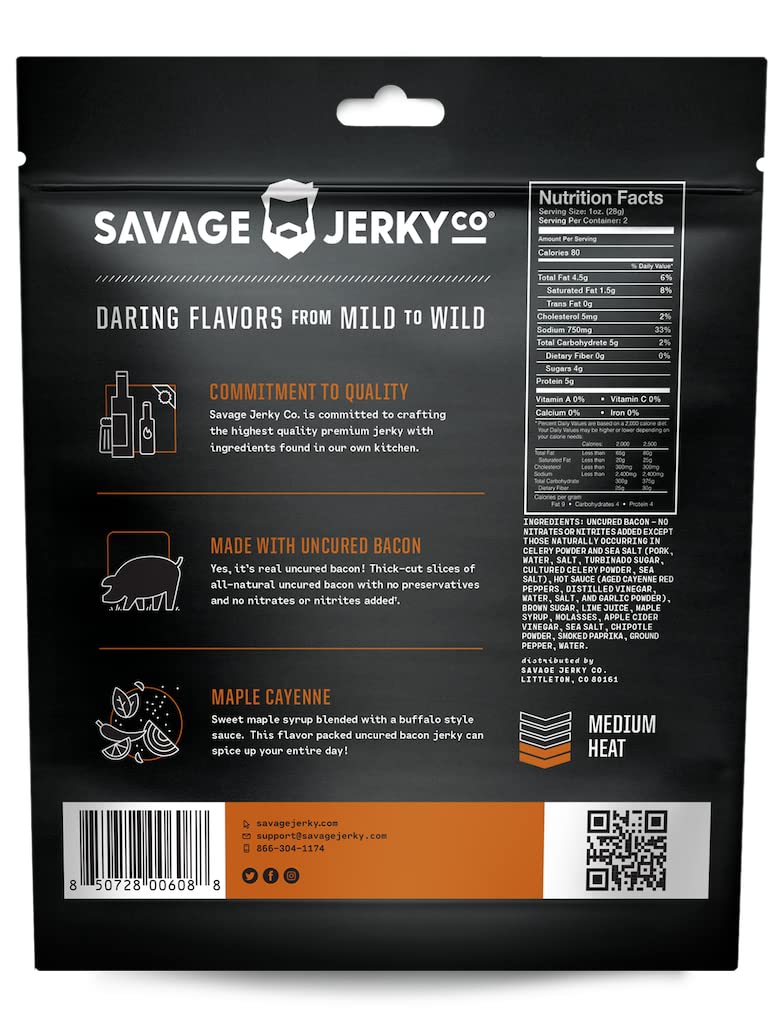 Savage Jerky Co maple cayenne texture closeup, premium bite for snacking