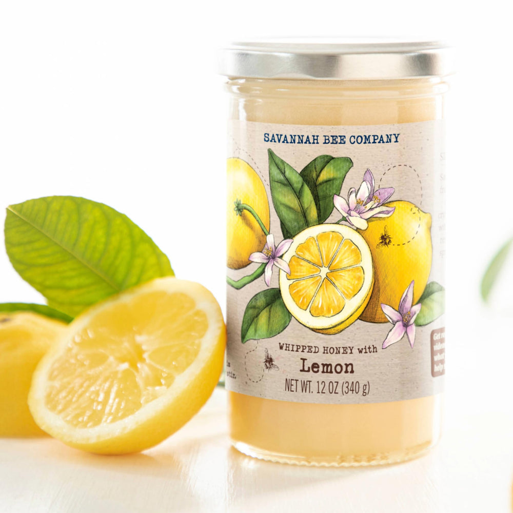 Jar of Savannah Bee Company lemon whipped honey used in recipe prep